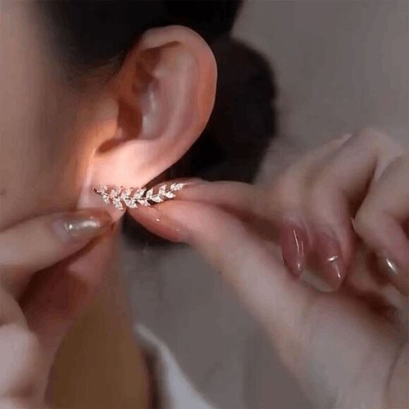 Golden Leaf Diamond Ear Crawler Ear Hugger Earrings - Picture 2 of 5